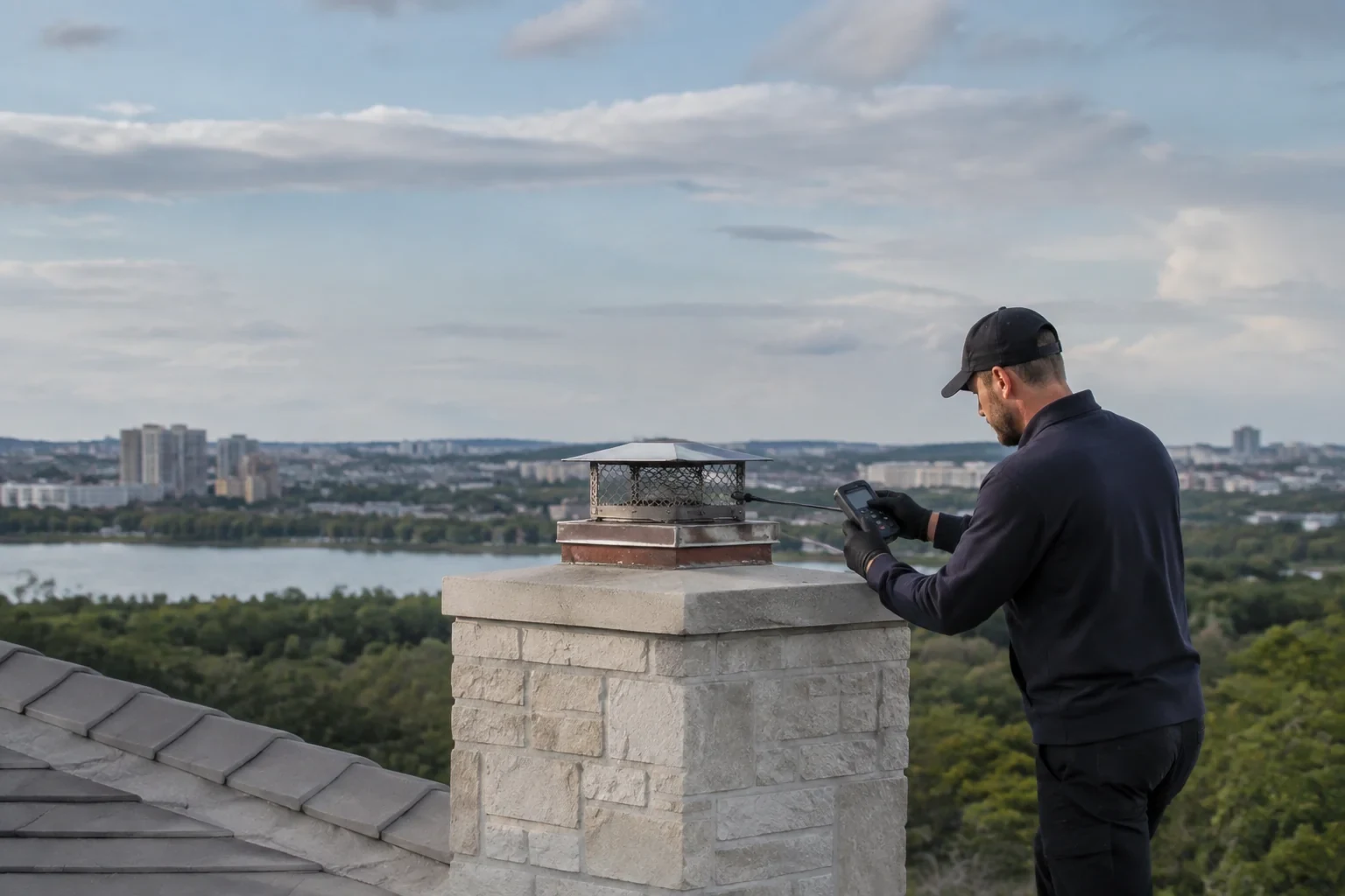Person holding a small inspection device and a probe beside a mesh-capped masonry chimney on a roof.