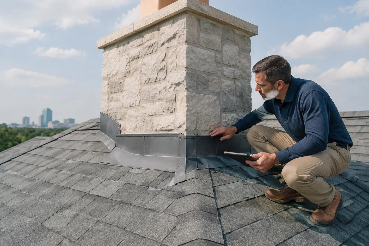 Person holding a tablet and touching metal flashing at the base of a masonry chimney on a shingled roof.