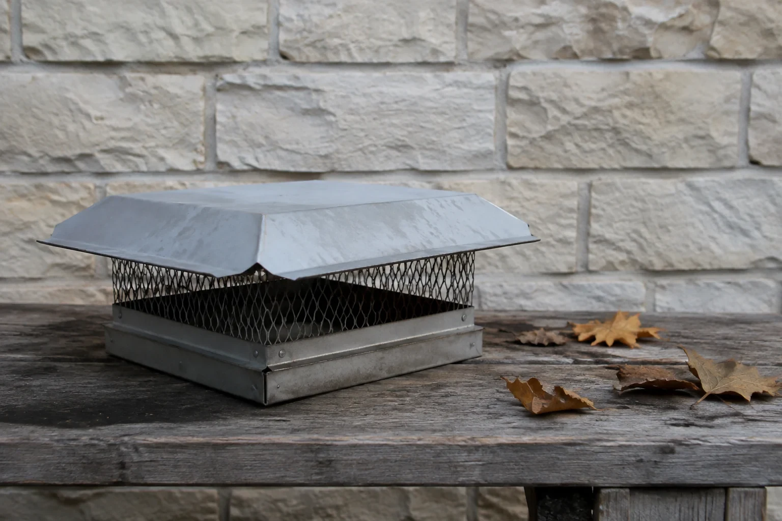 Rectangular metal chimney cap with mesh sides resting on a weathered wooden bench beside fallen leaves.