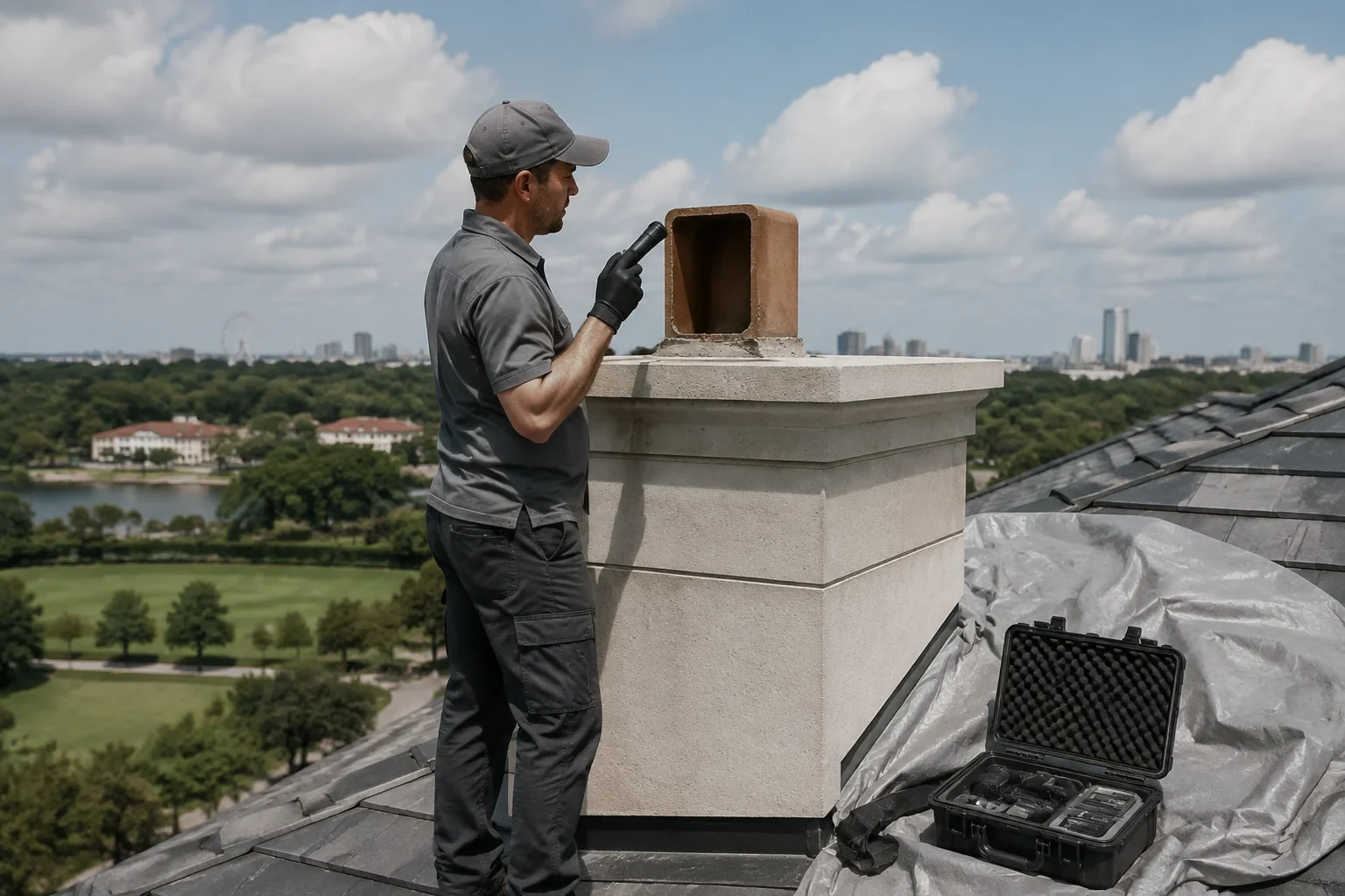 Person holding a flashlight toward a rectangular opening in a brown chimney-top section, with an open equipment case on the roof.