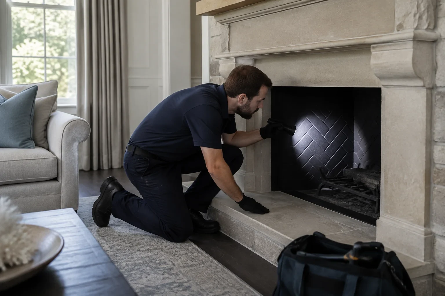 Person kneeling at a stone fireplace and shining a flashlight on the dark herringbone-patterned interior.