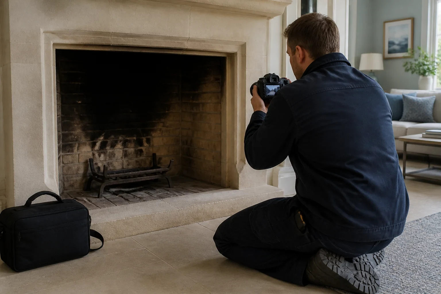 Person kneeling with a camera in front of a darkened brick fireplace and pale surround with a visible crack above the opening.