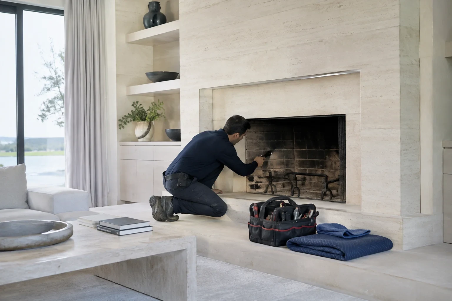 Person kneeling on a pale hearth and shining a flashlight into a darkened brick fireplace, with a tool bag and folded blanket nearby.